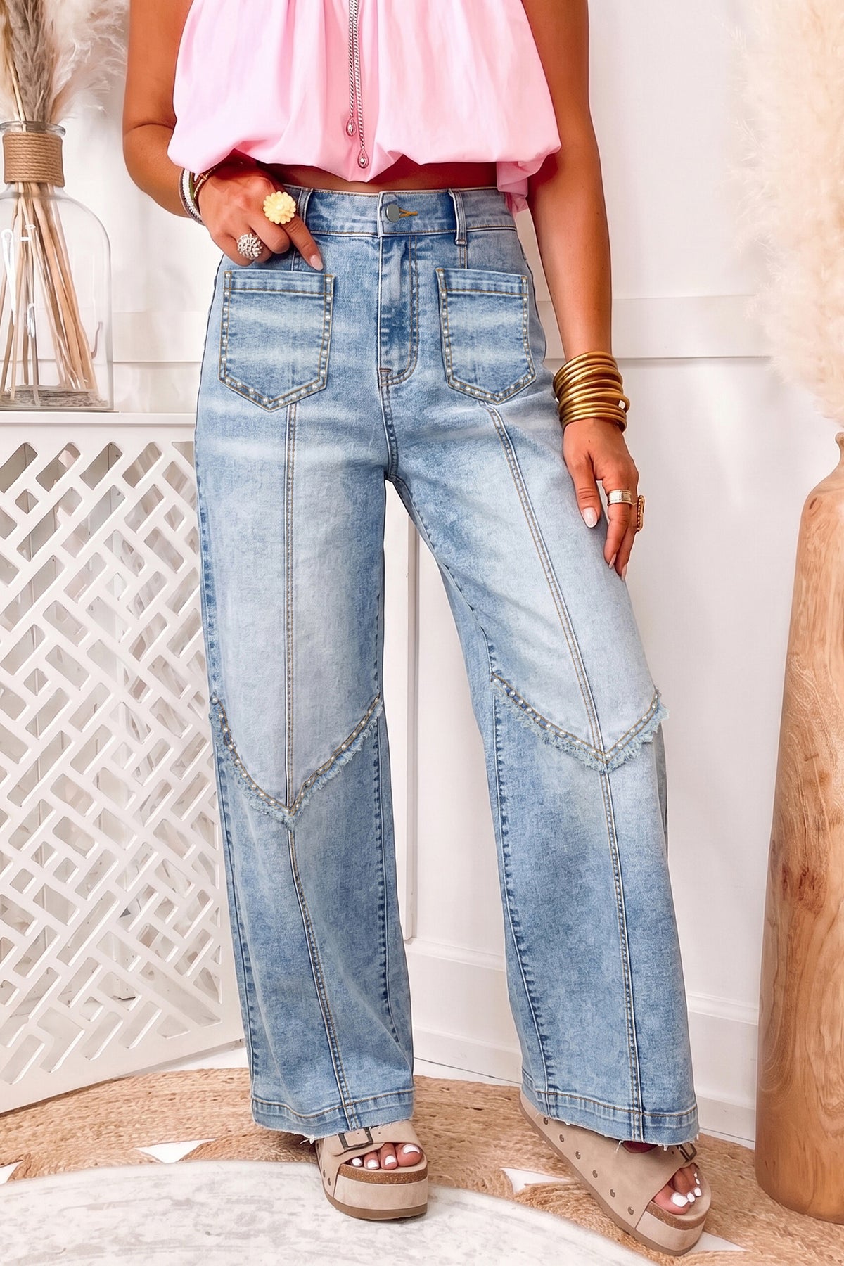 Beau Blue Frayed Studded Wide Leg Pocketed Jeans