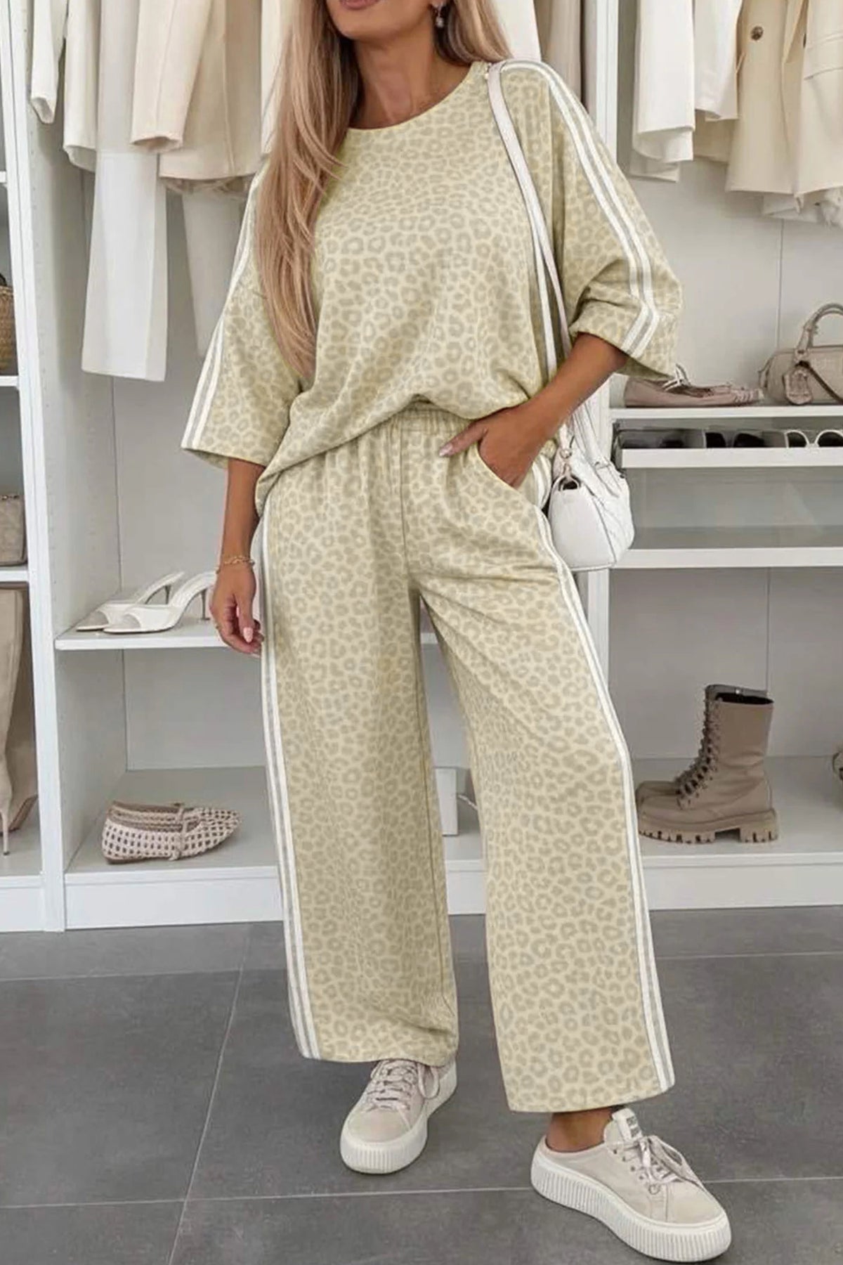 Women's Gray Leopard Print Varsity Striped Detail 3/4 Sleeve Top Shift Pants Set
