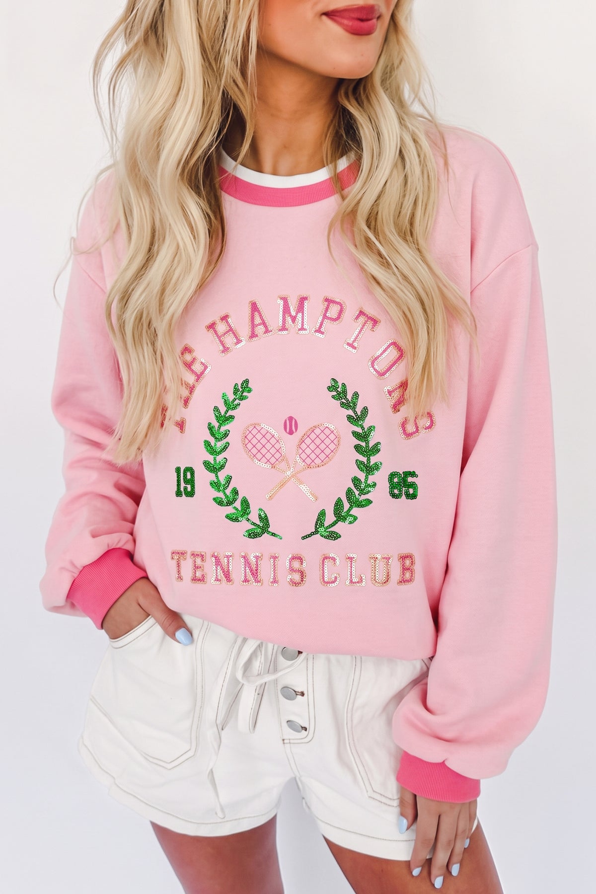 Pink Embroidered Tennis Club Crew Neck Sweatshirt