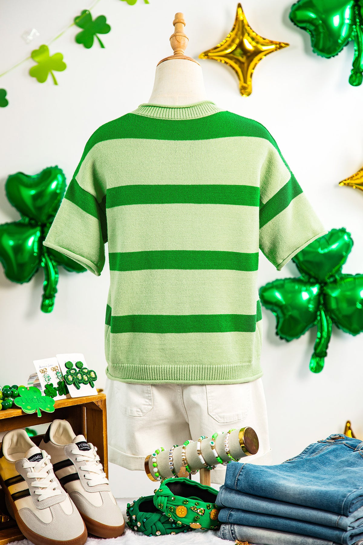 Green Stripe Oh for Lucks Sake St Patricks Day Short Sleeve Sweater