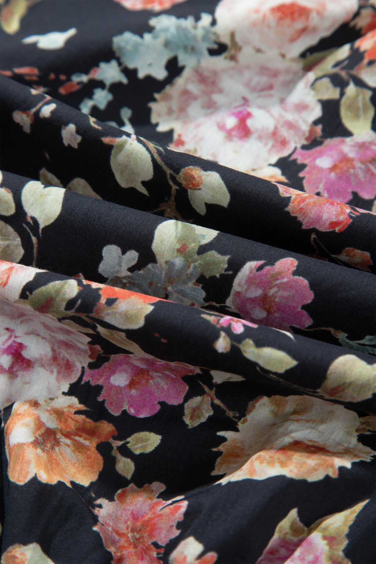 Black Floral Print Contrast Trim Tie V Neck Blouse