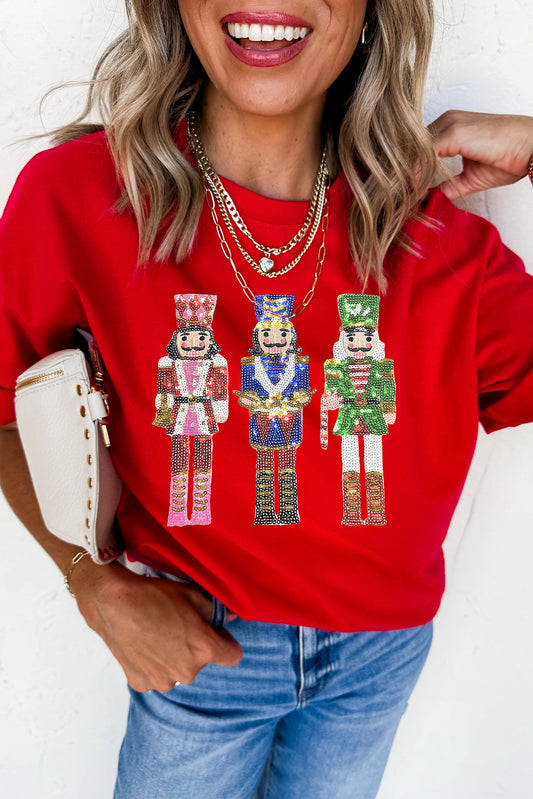 Red Sequined Christmas Nutcracker-man Graphic Cuffed Short Sleeve T-Shirt