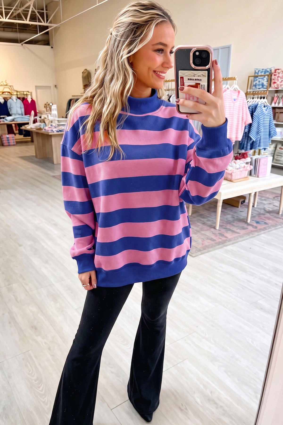 Orange Stripe Colorblock Mock Neck Sweatshirt