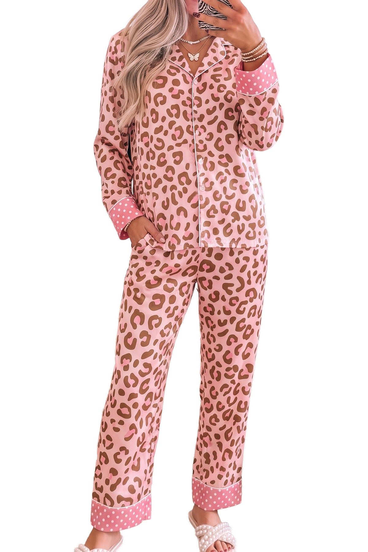 Pink Leopard Print Polka Dot Trim Pajama Set
