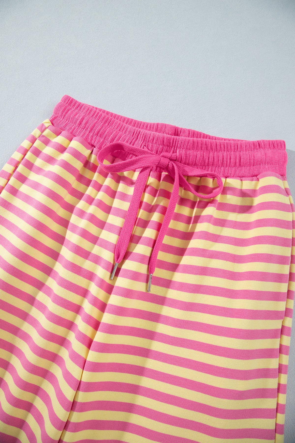 Yellow Stripe Colorblock Trim Crew Neck Loose Tee Drawstring Elastic Waist 2pcs Pant Set