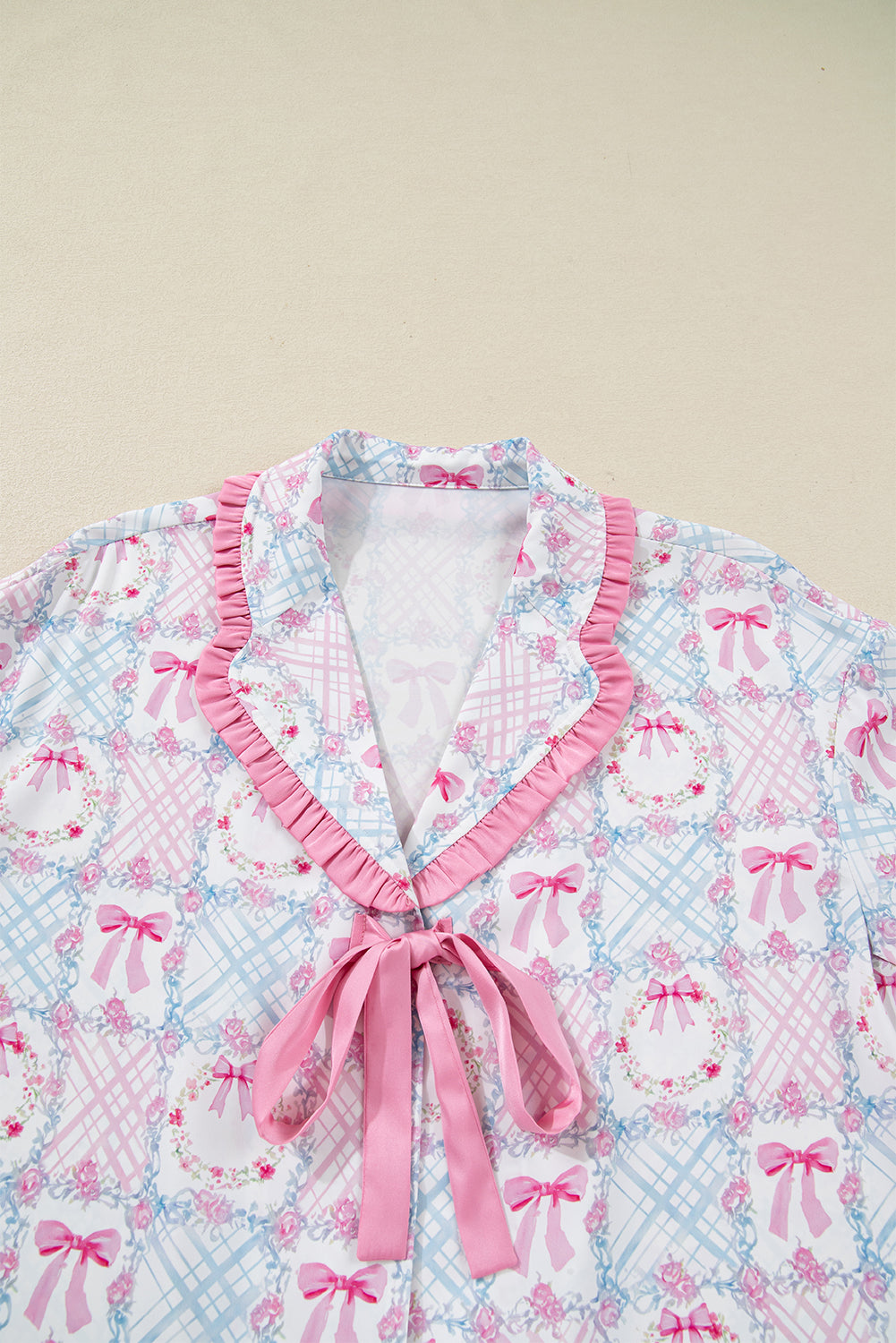 Pink Bow Wreath Christmas Tied Front Long Sleeve Pajama Set