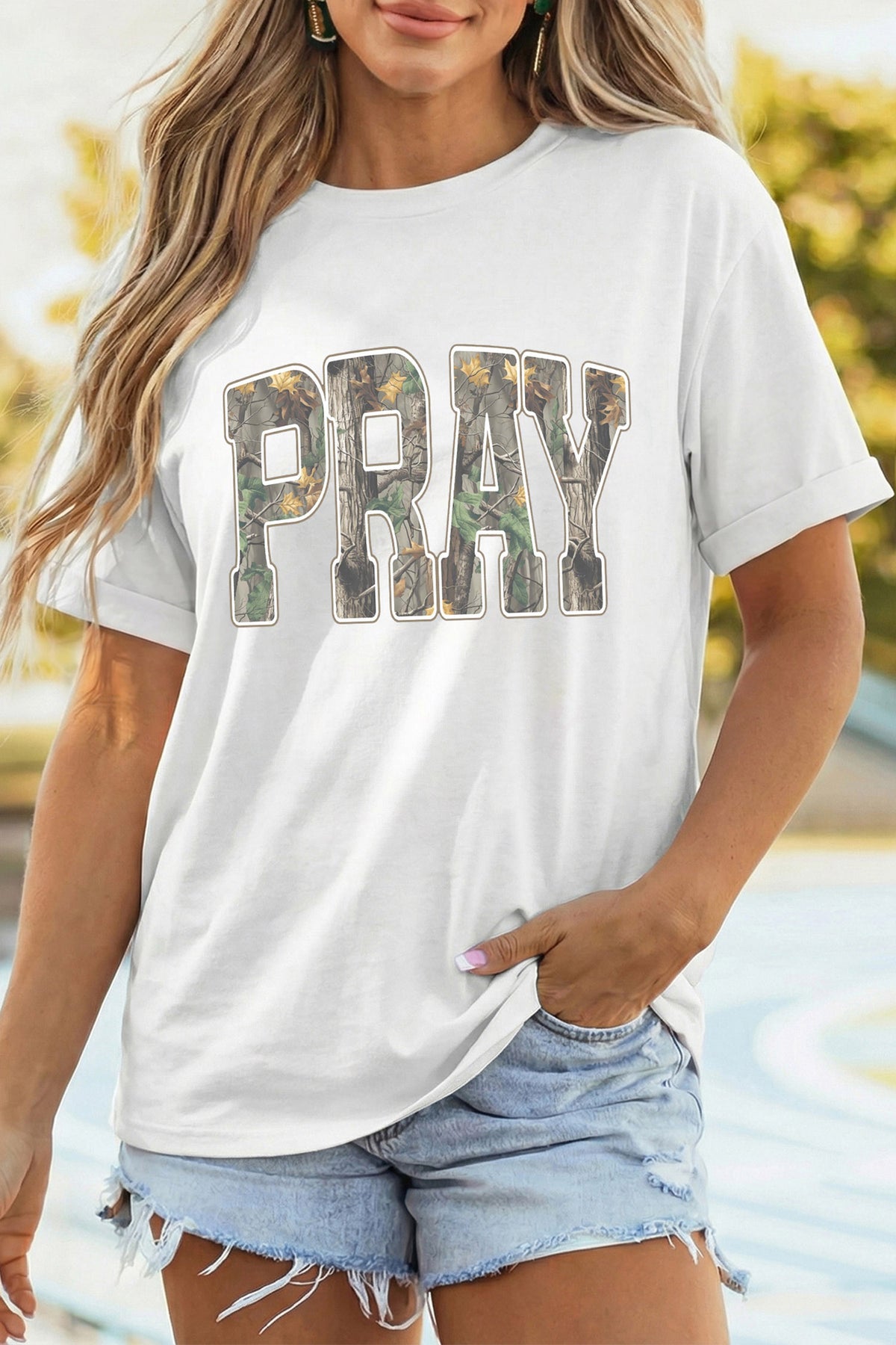 White PRAY Camo Letter Print Casual Round Neck T-Shirt