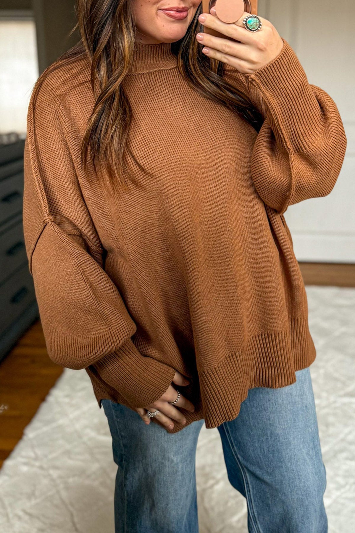 Chestnut Oversized Ribbed Knit Long-Sleeve Tunic Plus Size Sweater
