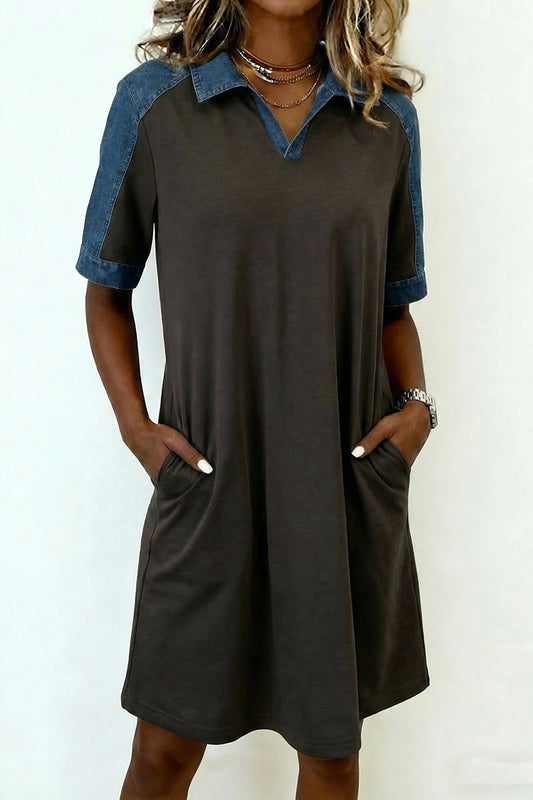 Carbon Grey Color Block Denim Patchwork T Shirt Shift Dress