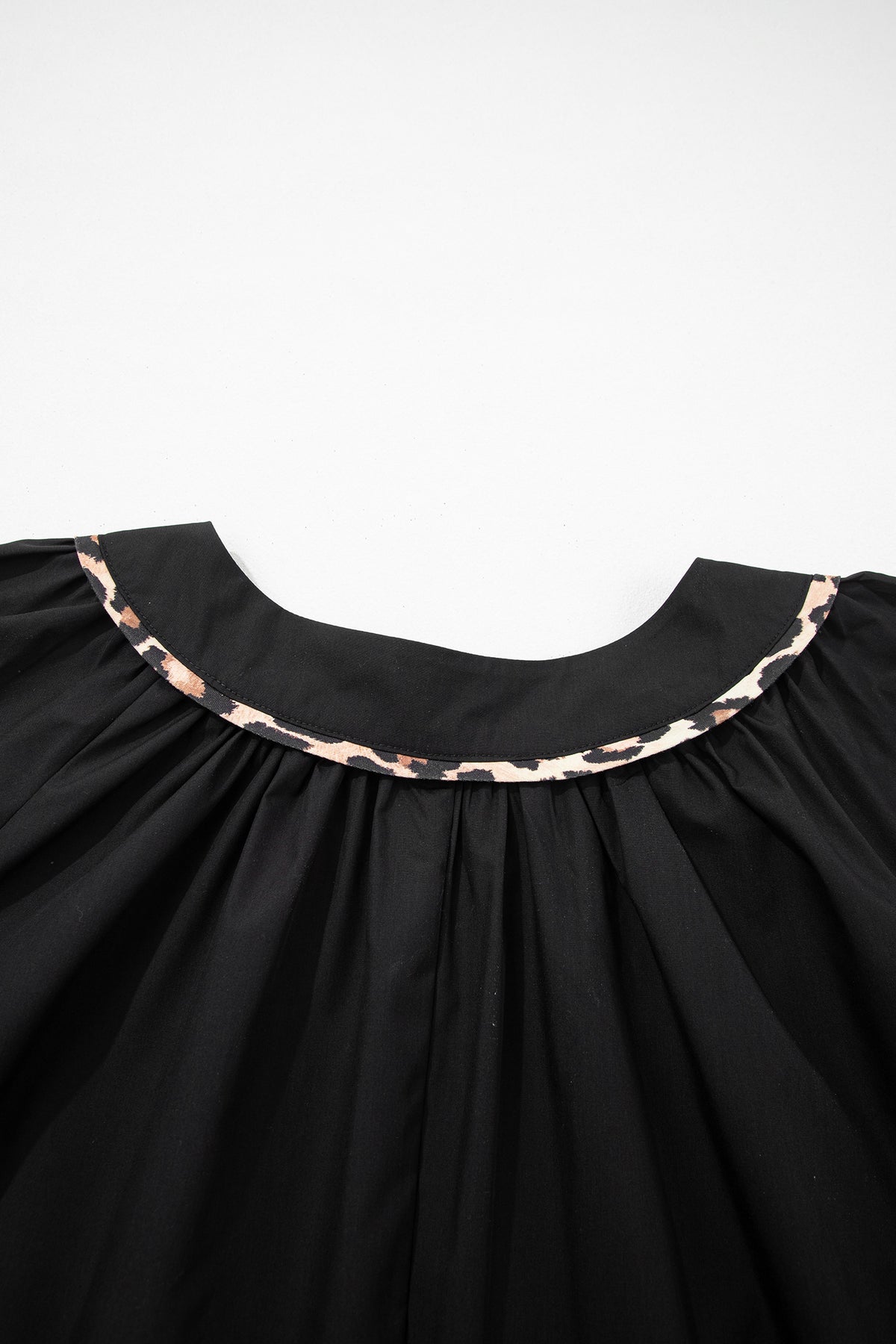 Black Plus Size Split-Neck Leopard Trim Flounced Long-Sleeve Blouse