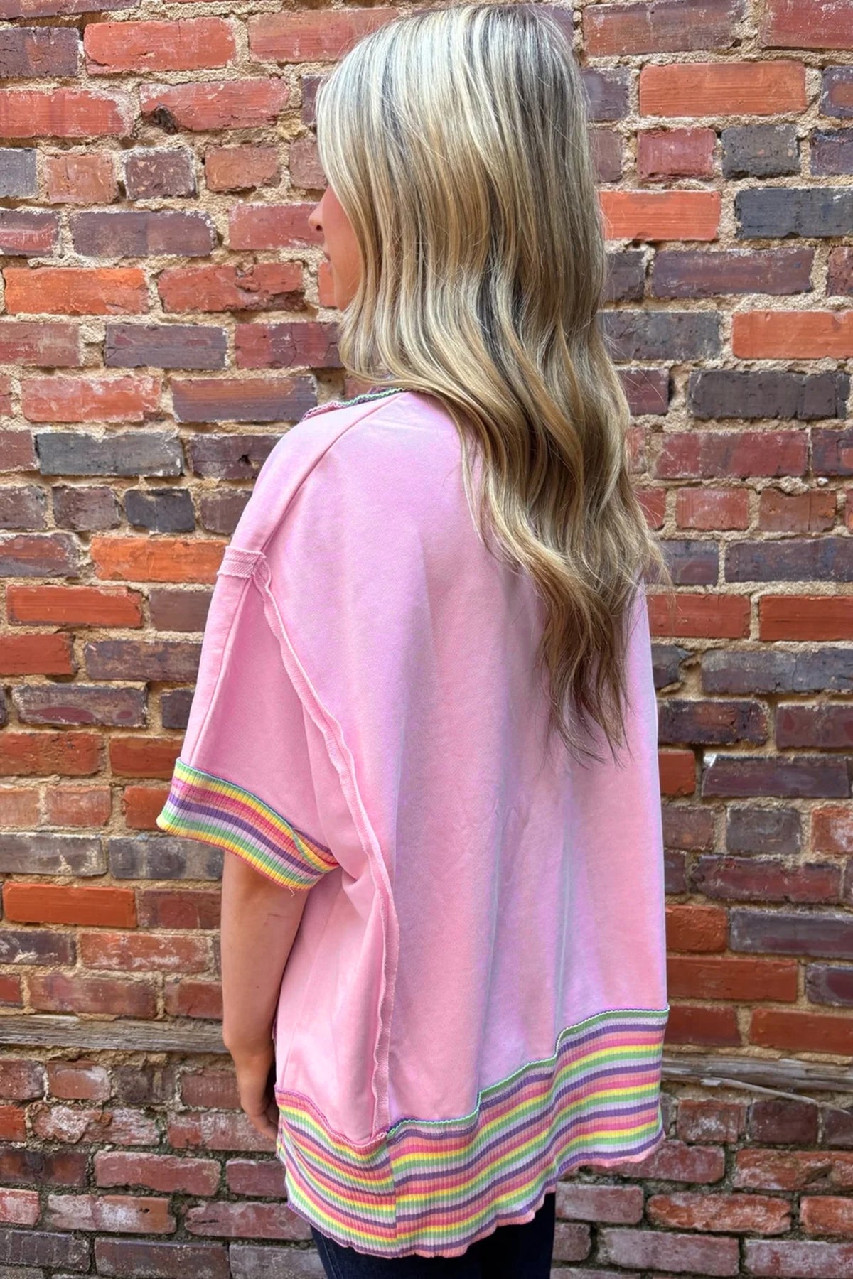 Pink Rainbow Stripe Ribbed Patchwork Raw Seam Oversize Polo Tee
