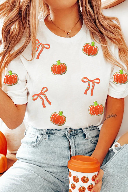 White Sequin Chenille Pumpkin Bow Pattern Casual Short T-Shirt