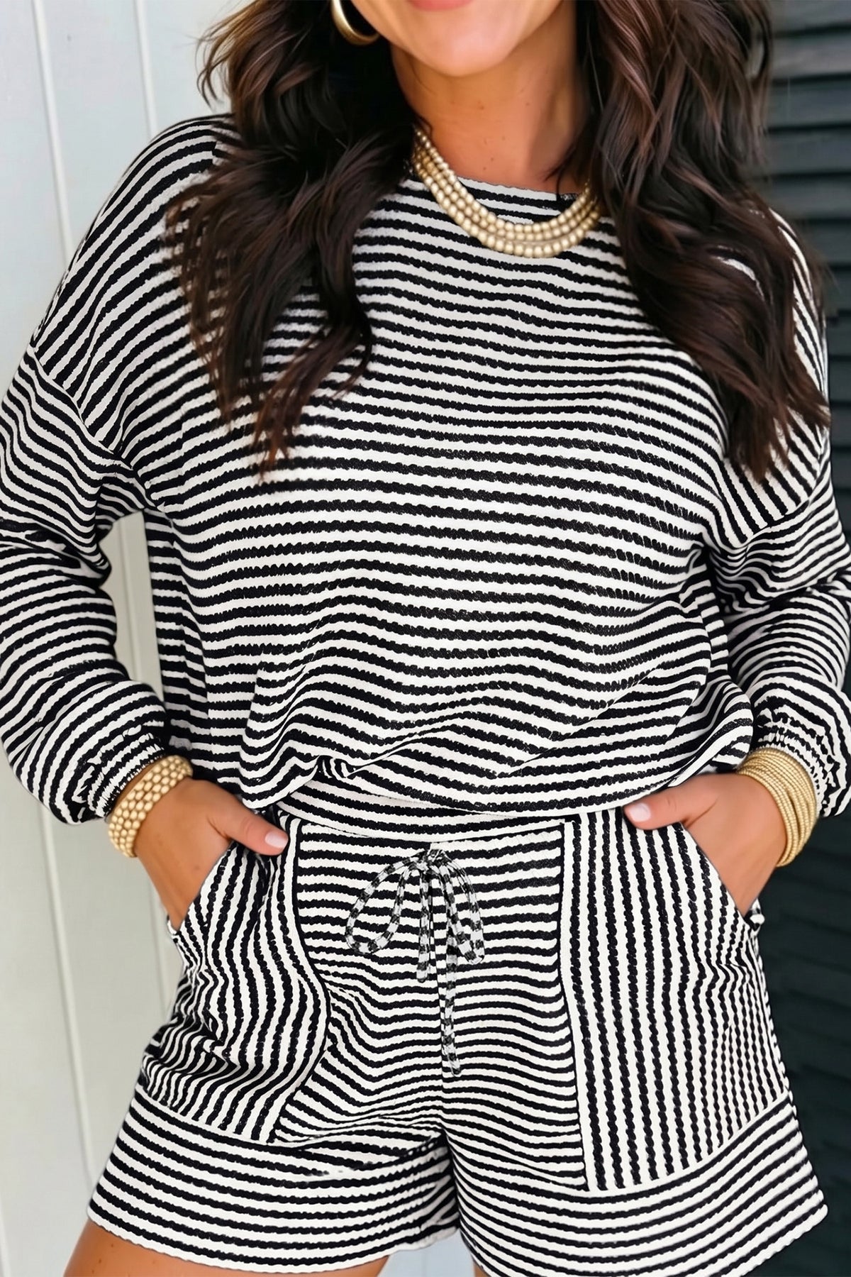 Women's Brown Stripe Textured Knit Long-Sleeve Top Elastic Waist Shorts Casual Outfit