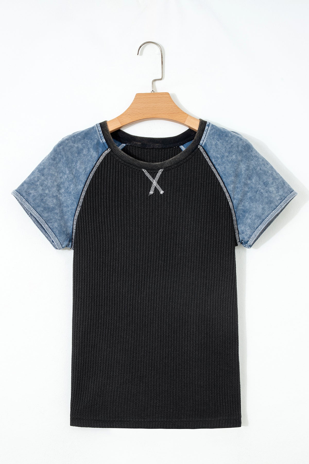 Carbon Grey Waffle Knit Seam Color Block Patchwork Short Sleeve Top