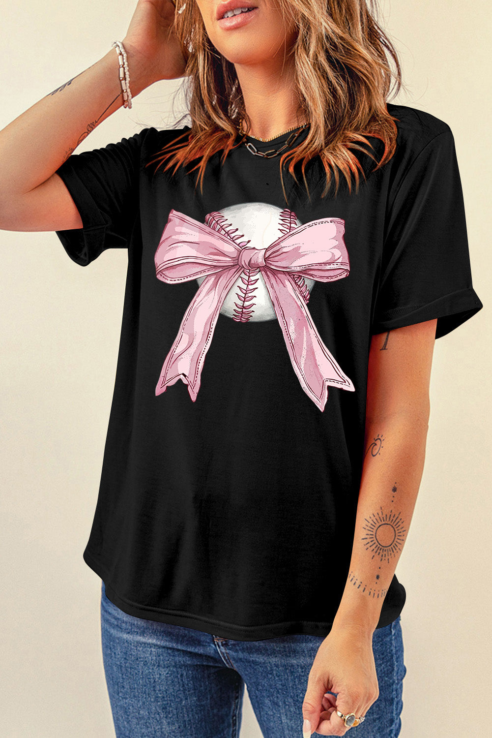 Black Baseball Bow Knot Print Round Neck T-Shirt