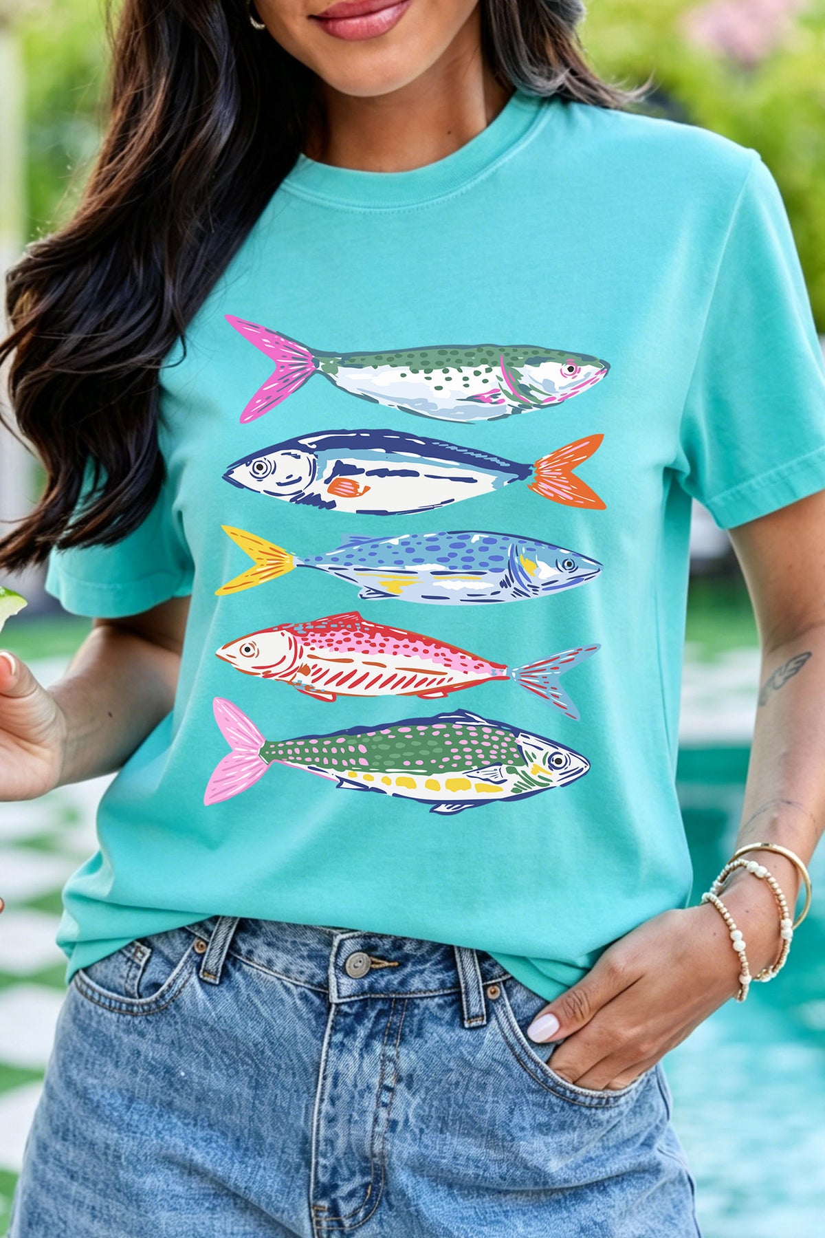 Mint Green Vibrant Fish Print Casual Short Sleeve T-Shirt