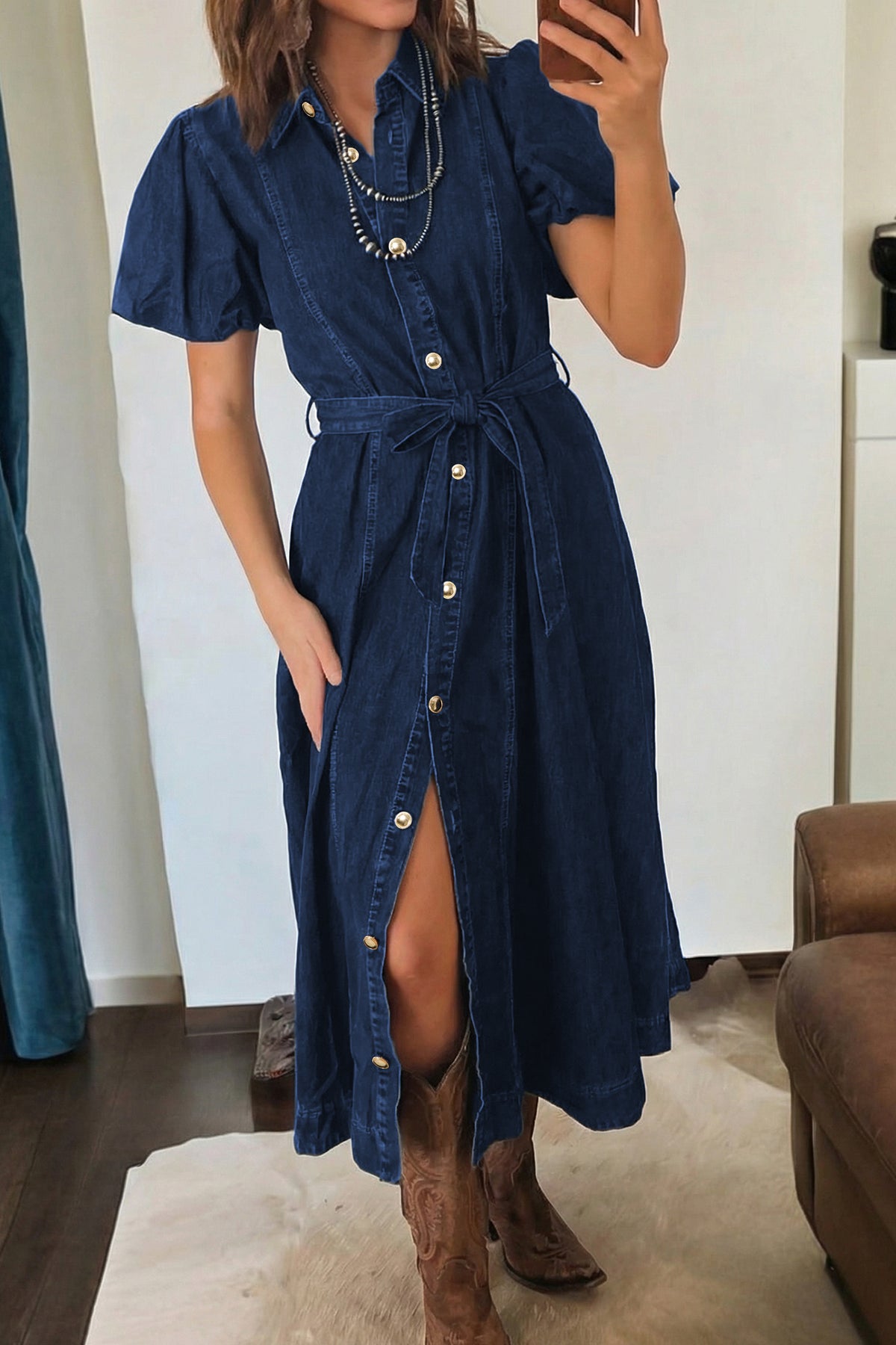 Sail Blue Full Buttons Short Bubble Sleeve Long Denim Dress
