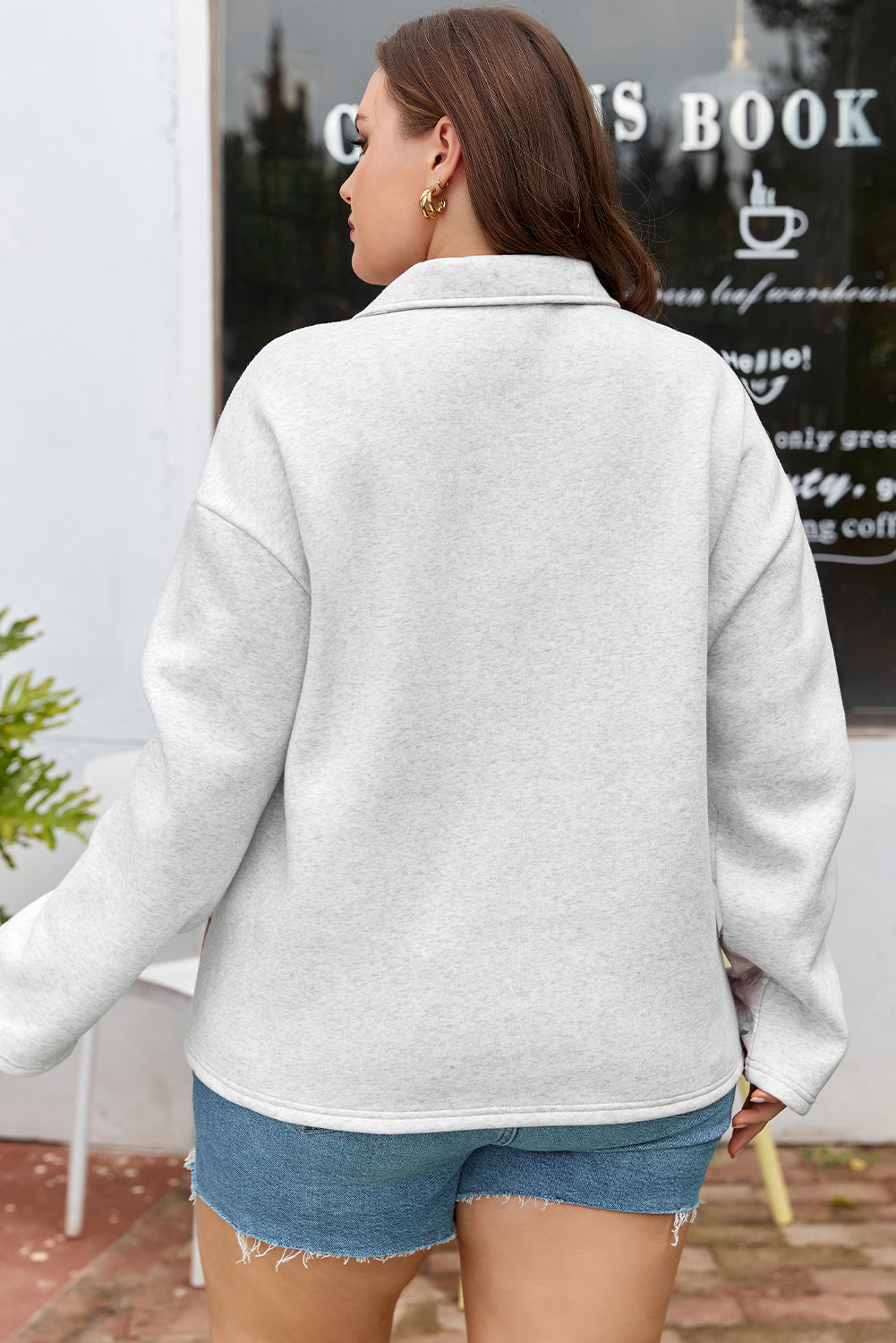 Women's Gray Camo Leaves Patchwork Zipped Collar Pullover Plus Size Sweatshirt Set