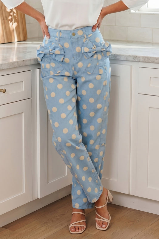 Sky Blue Polka Dot Print Bow Pocketed Barrel Jeans