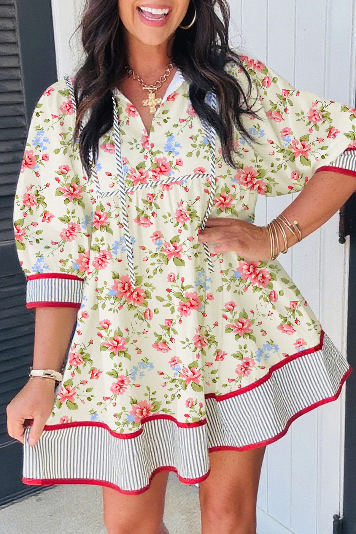 Apricot Striped Edge 3/4 Puff Sleeve Floral Dress