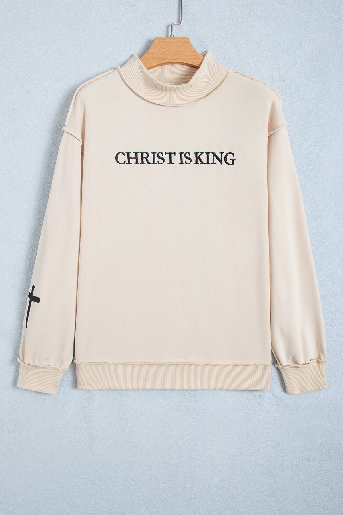 Black CHRIST IS KING Embroidery High Neck Sweatshirt