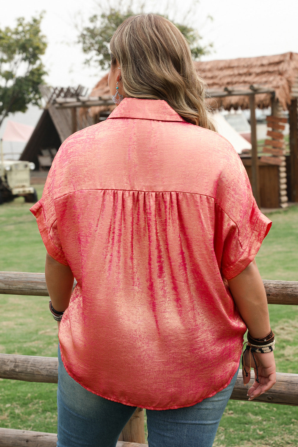 Rose Red Plus Size Metallic Sheen Short-Sleeve Button-Up Shirt