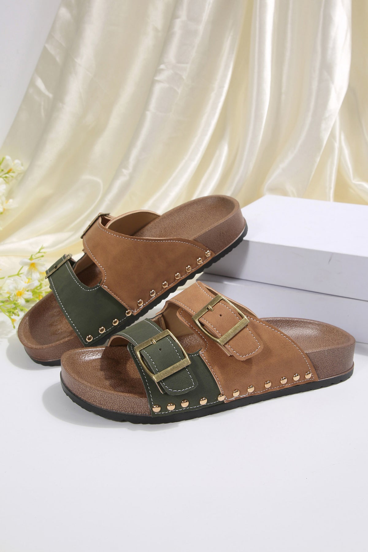 Deep Green Retro Buckle Cutout Straps PU Leather Studded Sandals