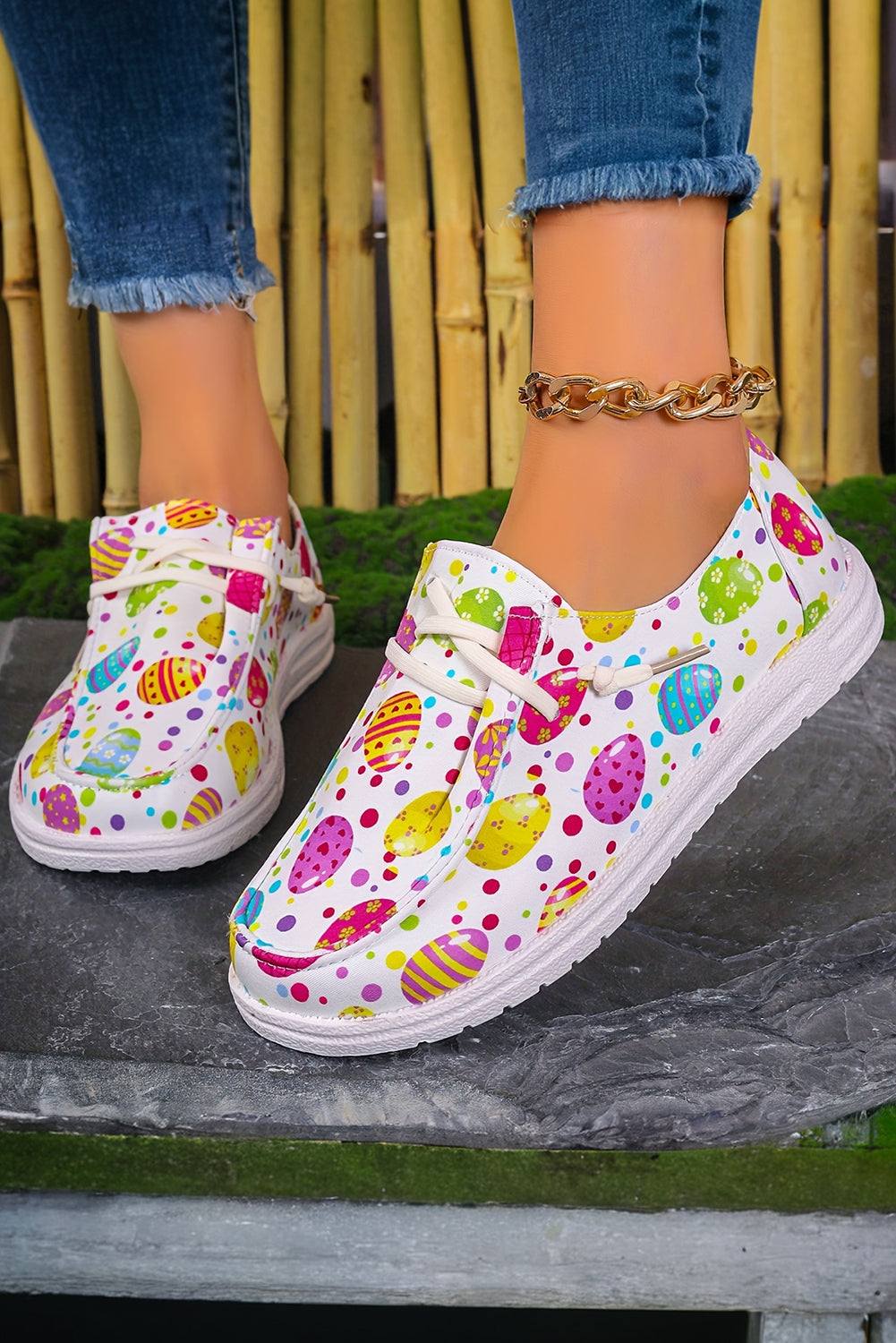 Easter Eggs Printed Square Toe Slip-On Canvas Flats