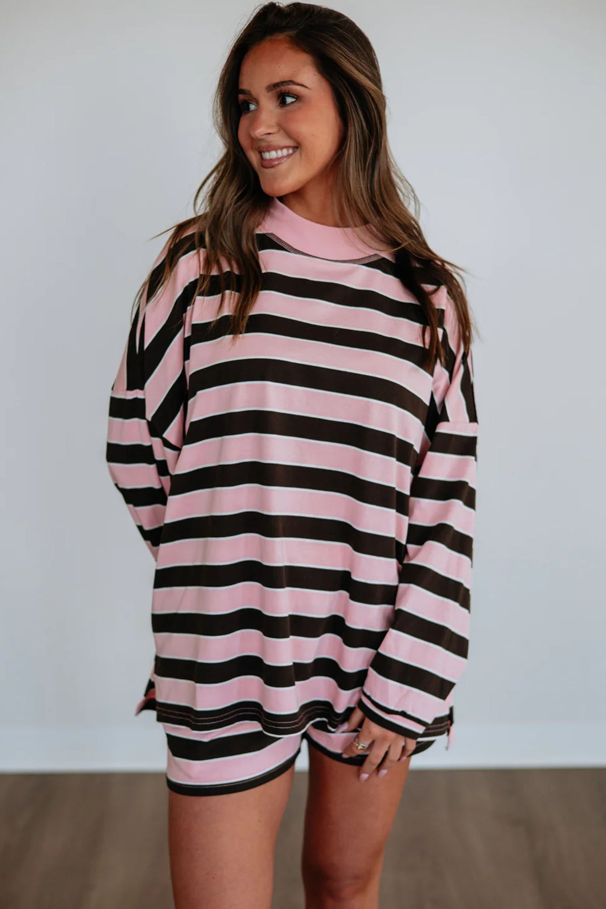 Pink Stripe Oversized Top and Elastic Waist Shorts Set