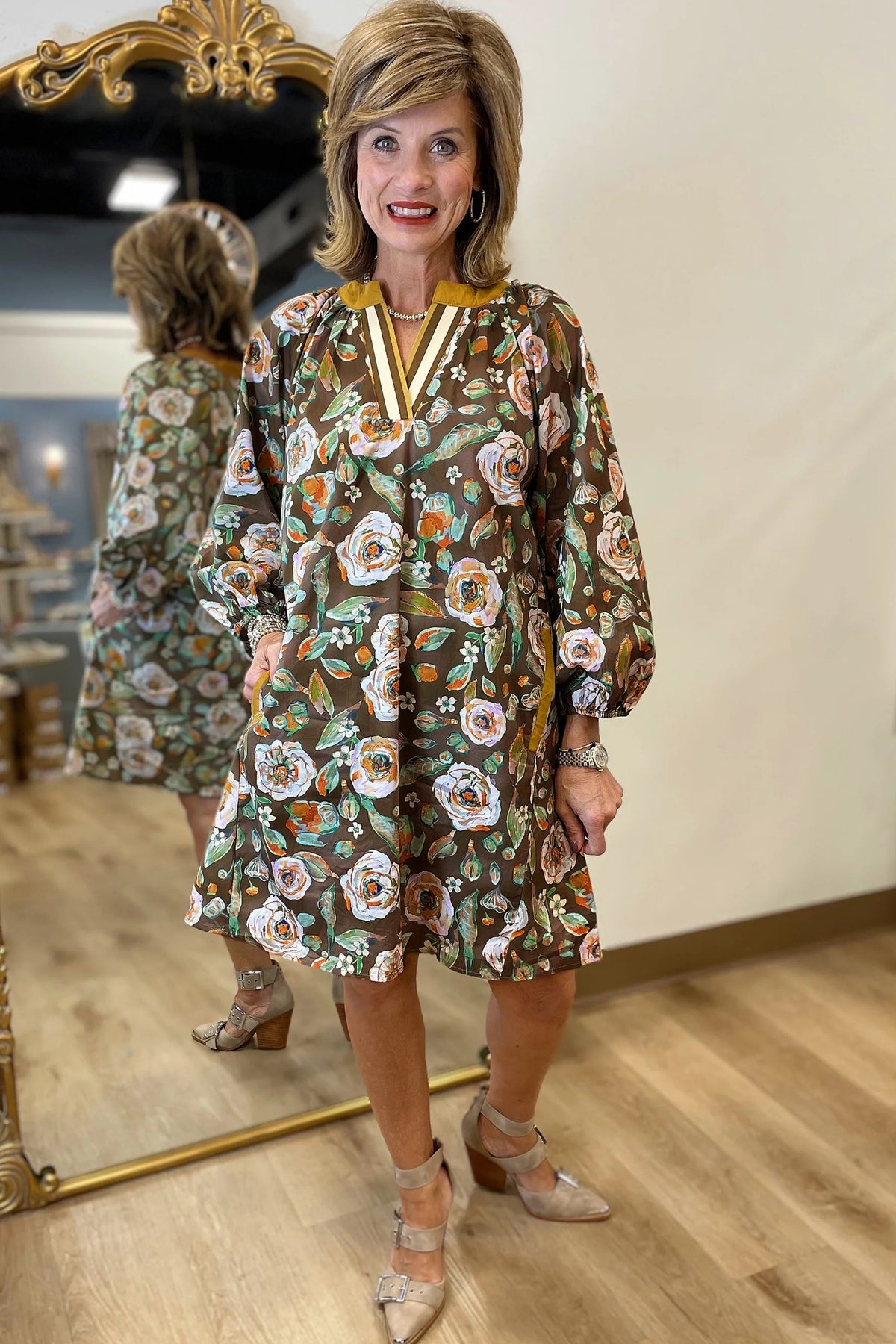 Brown Floral Print V Neck Pocketed Long Sleeve Mini Dress