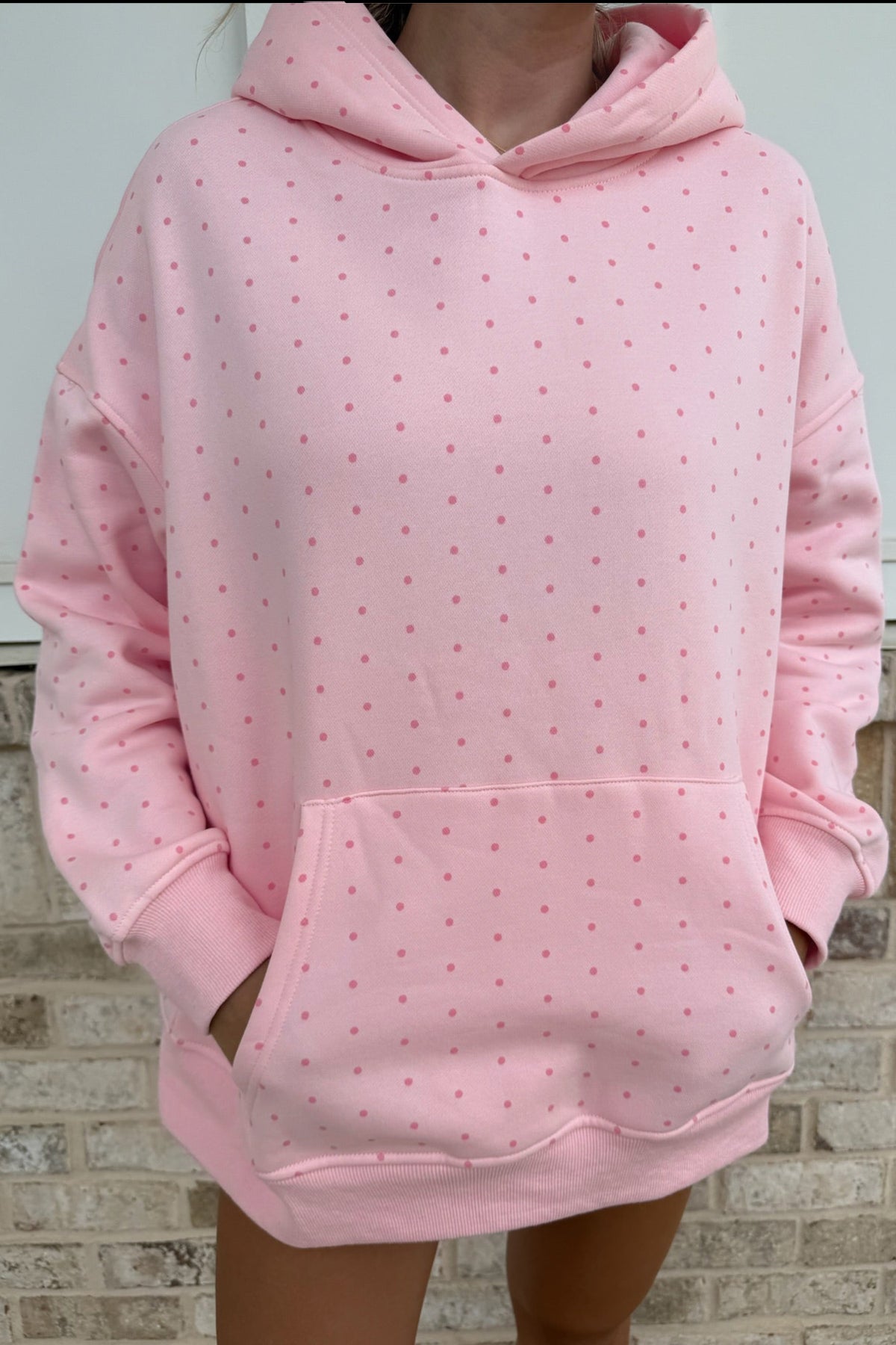 Pink Polka Dot Printed Oversized Hoodie Casual Shorts Set