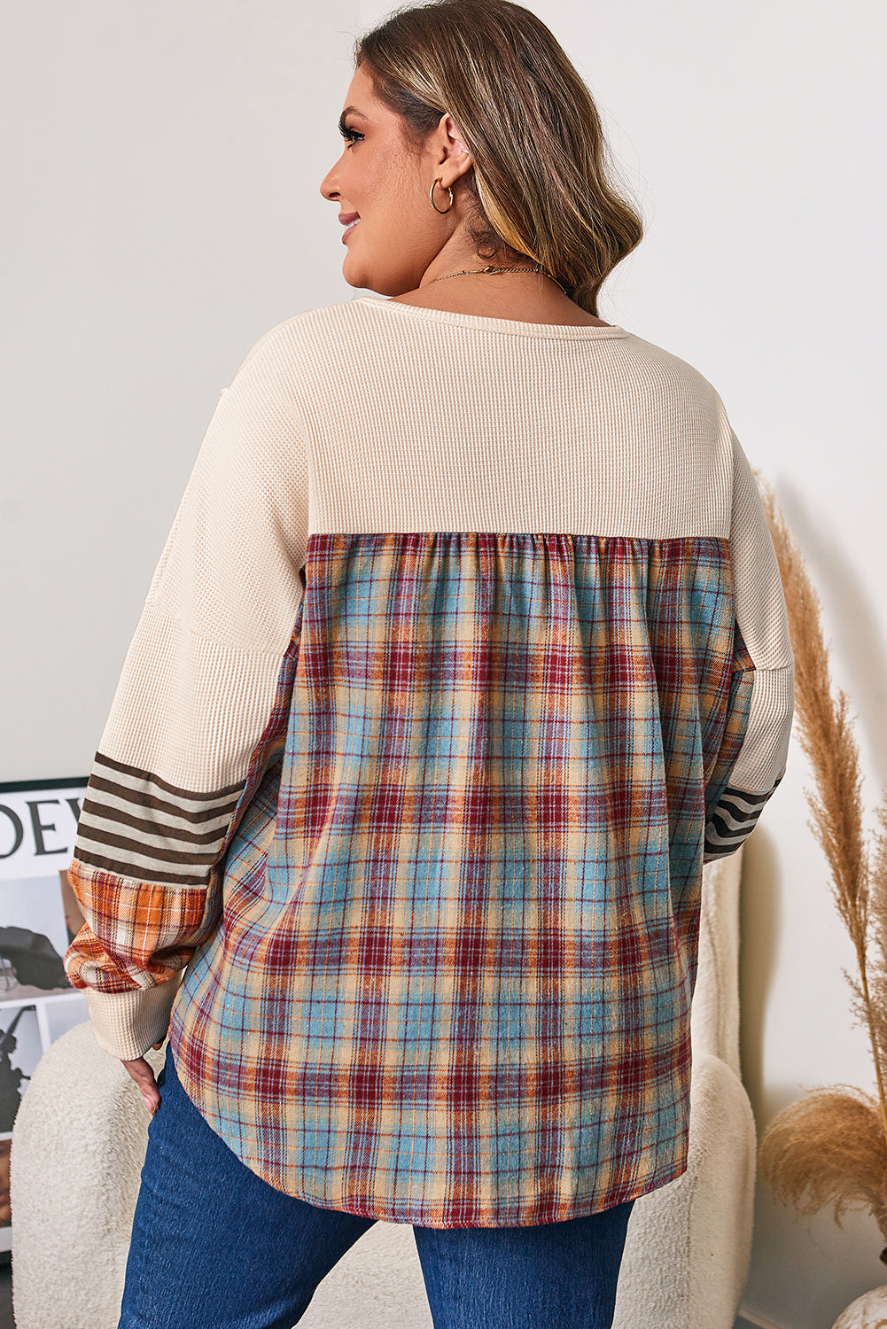 Parchment Plus Size Waffle Color-Block Striped Plaid Patchwork Half Button Pullover
