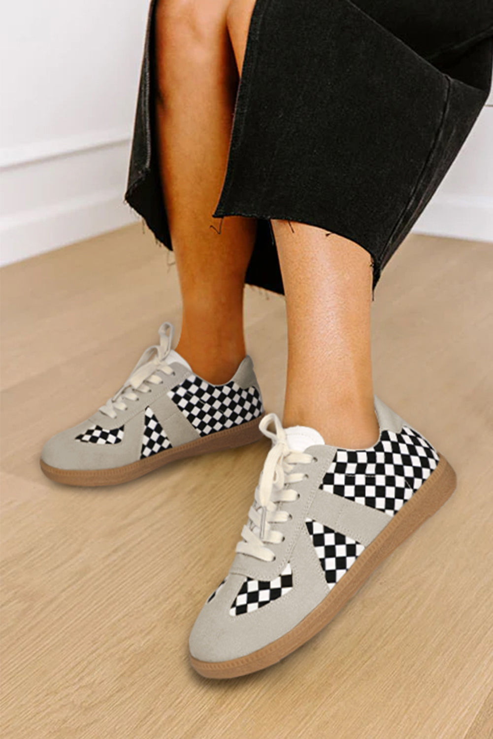 Black Checkerboard Patchwork Lace-up Flat Leatherette Sneakers