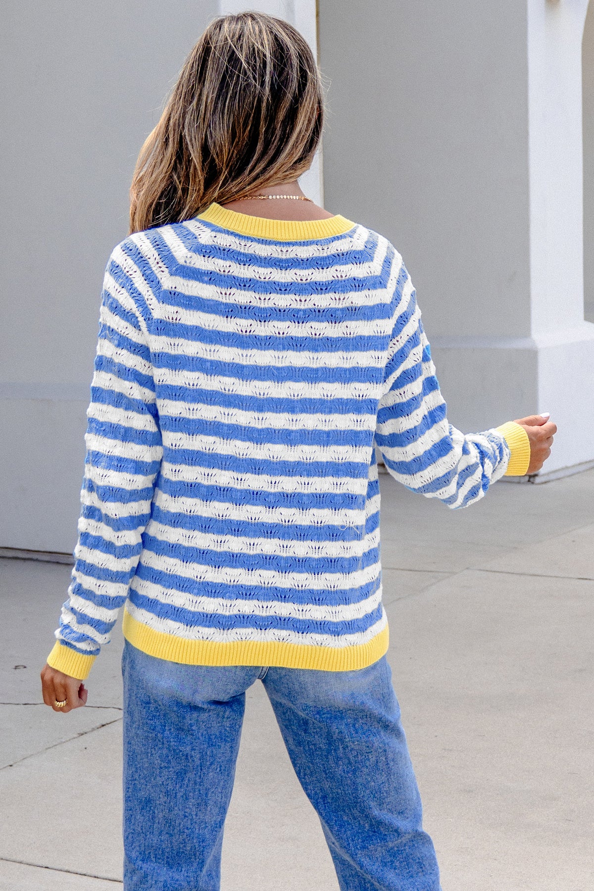 Sky Blue Stripe Striped Colorblock Button Front Long Sleeve Fit Knit Cardigan