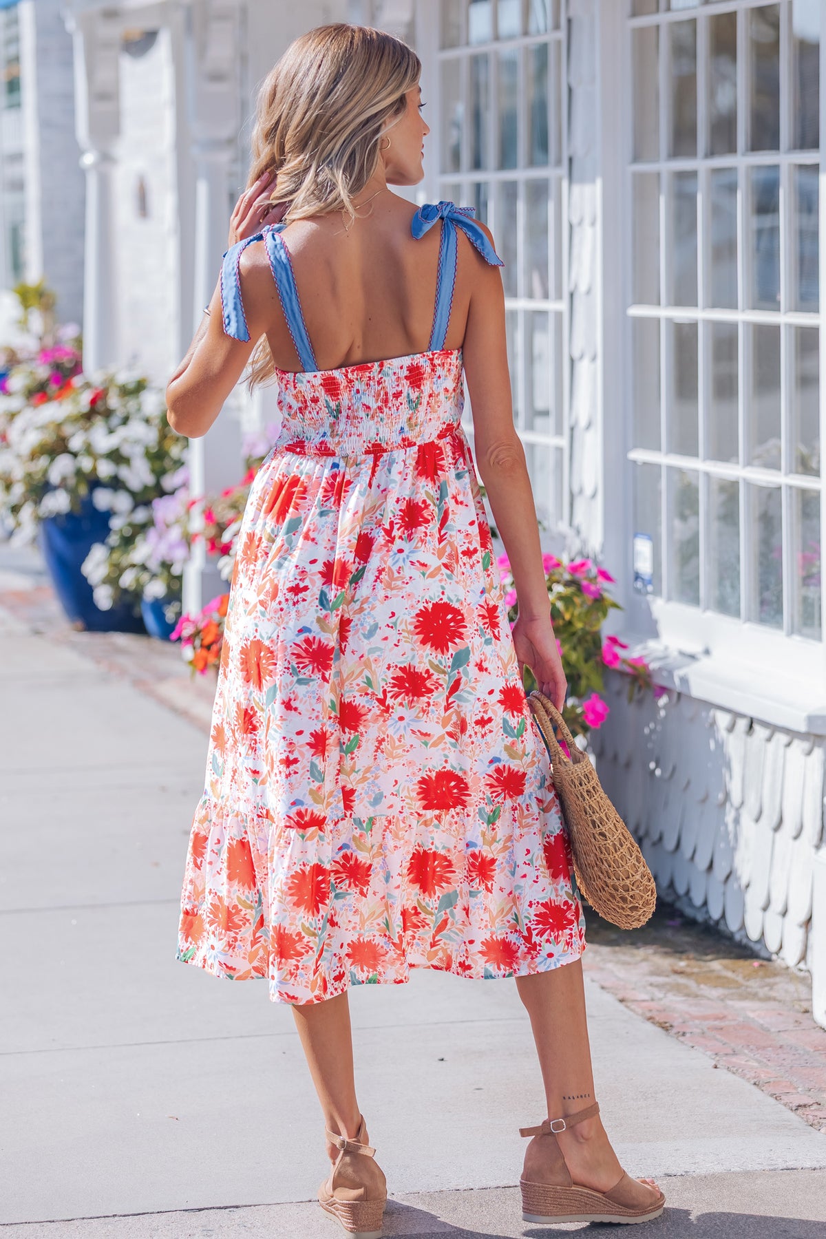 Yellow Floral Print Contrast Stitched Denim Straps High Waist Dress