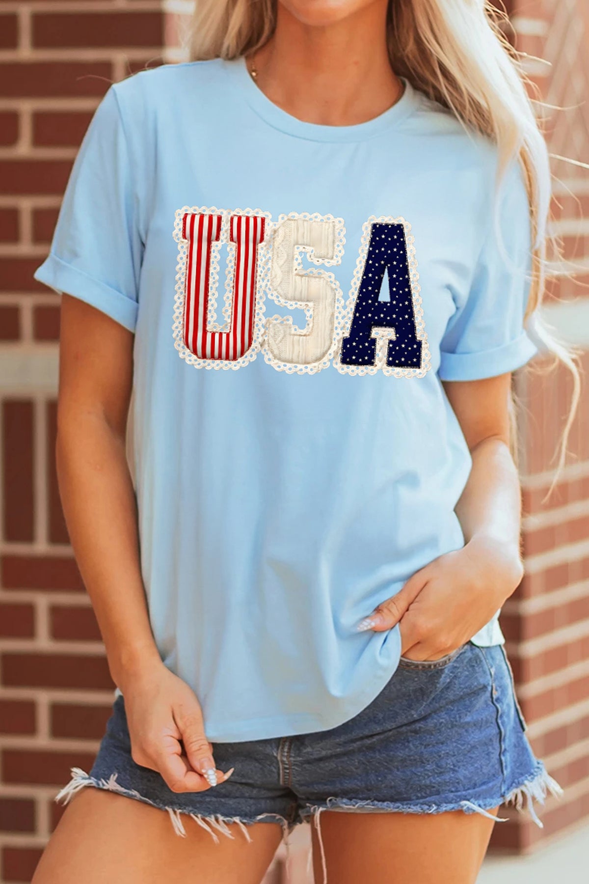 Light Blue USA Patriotic Printed T-Shirt