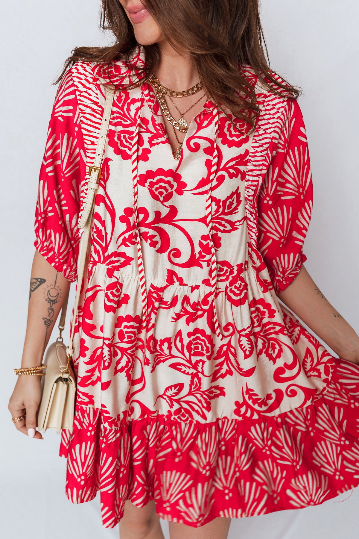 Red Collared V Neck Half Sleeve Loose Flower Mini Dress