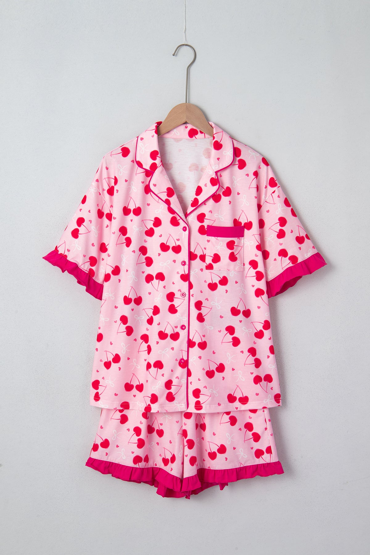 Rose Cherry Bow Mixed Print Scalloped Edge Short Pajama Set