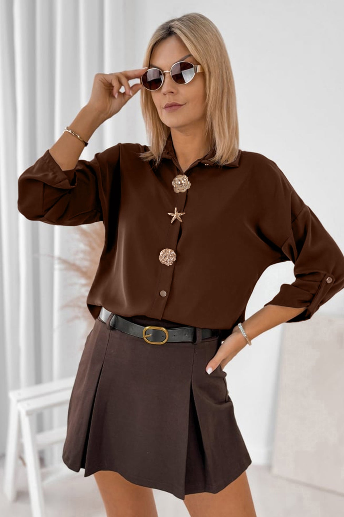 Coffee Multi Button Decoration Tab Long Sleeve Shirt