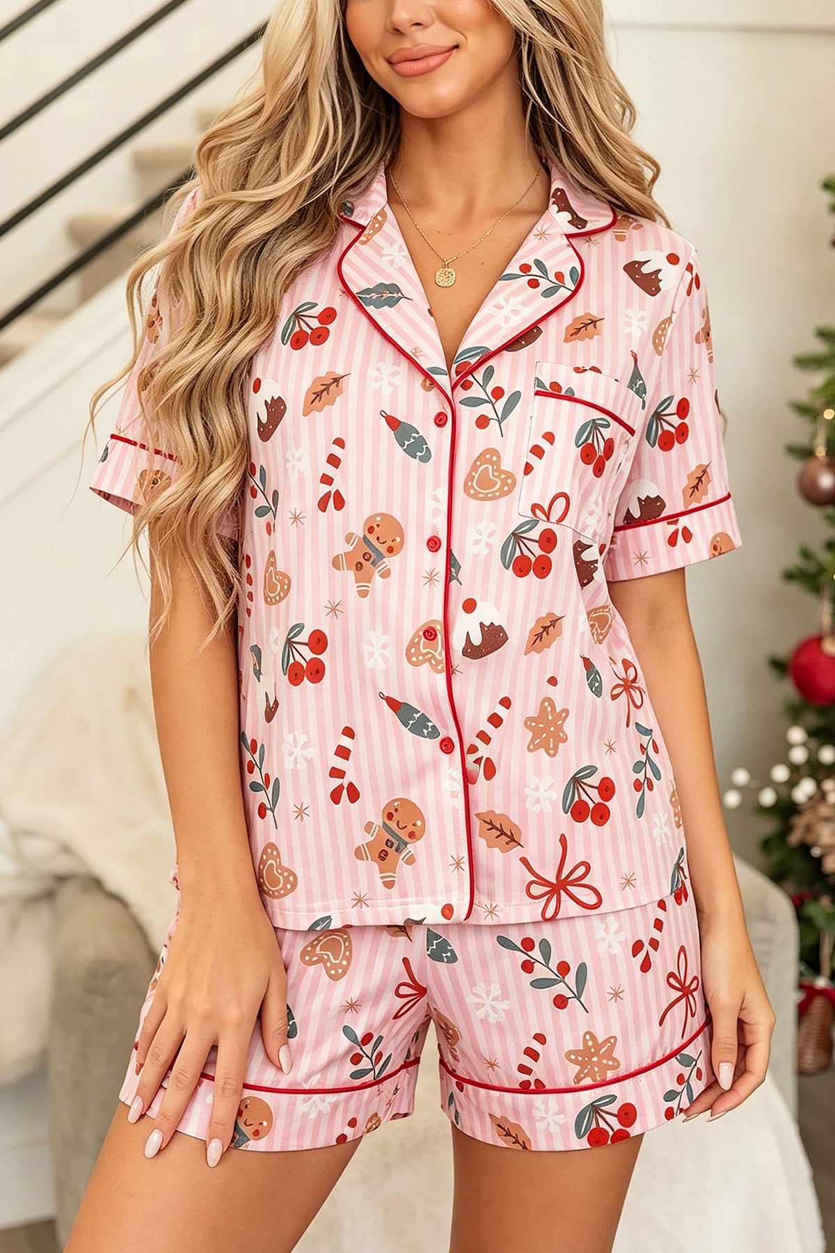Pink Abstract Christmas Print Short Sleeve Lounge Set
