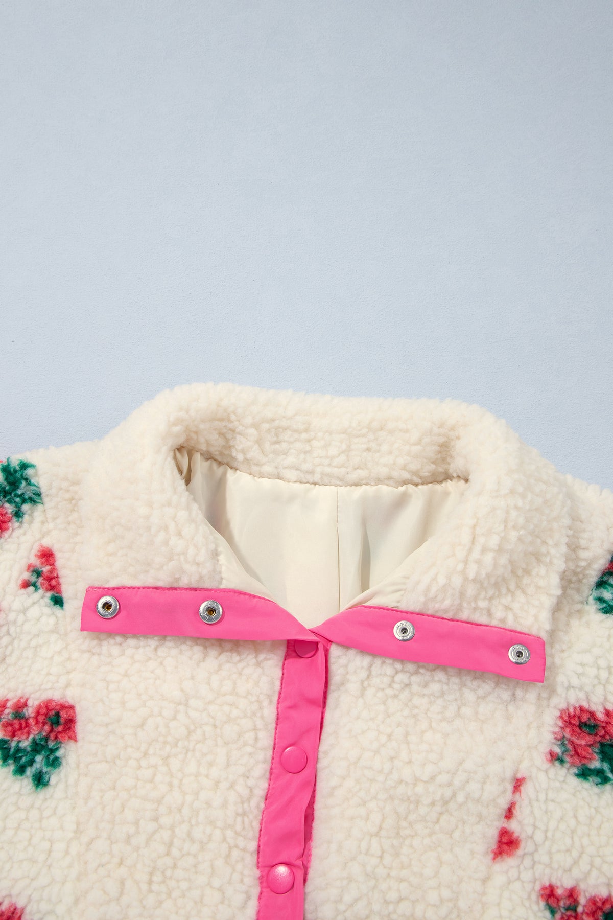 White Floral Fleece Contrast Trim Button Collar Sweatshirt