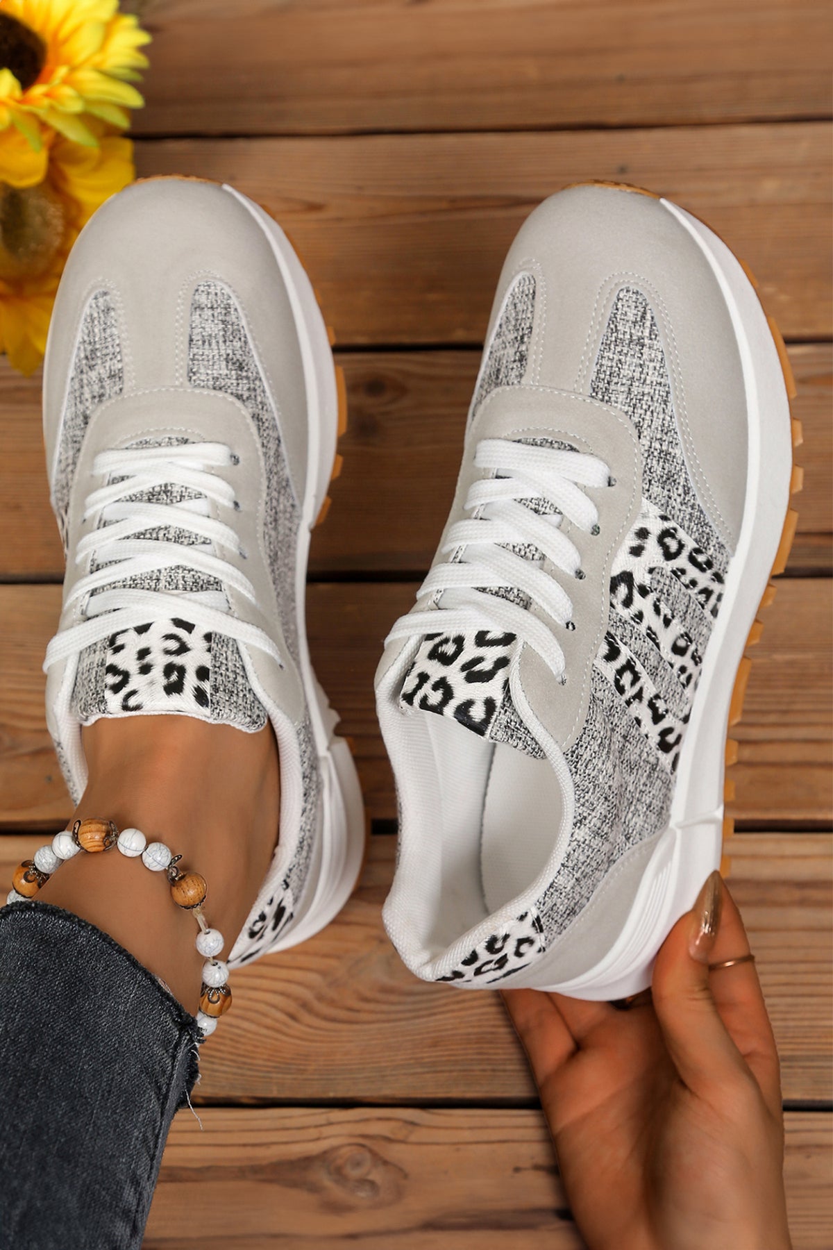 White Mix Texture Patchwork Leopard Lace-Up Sneakers