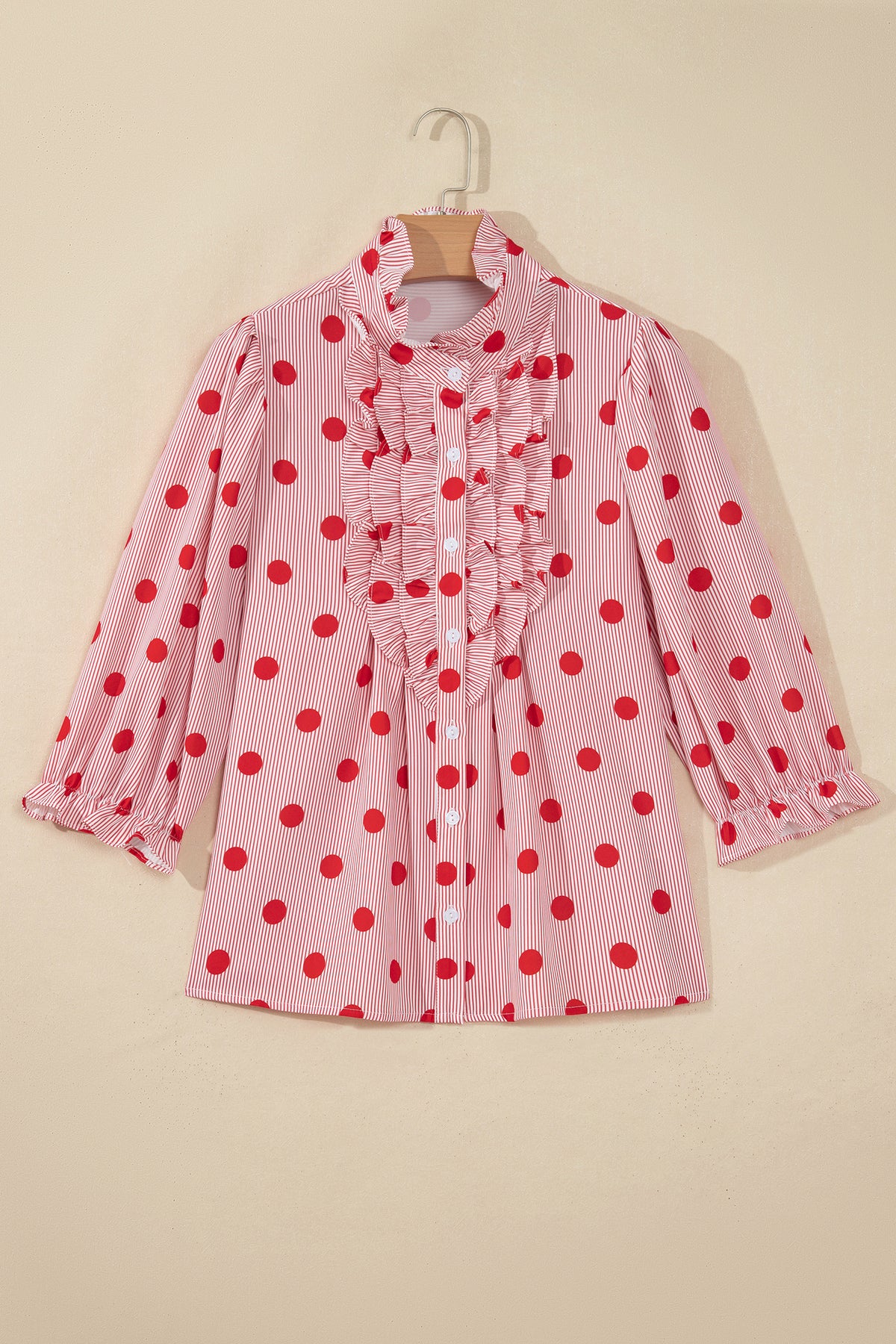 Fiery Red Polka Dot Striped Print Ruffle Stand Shirt