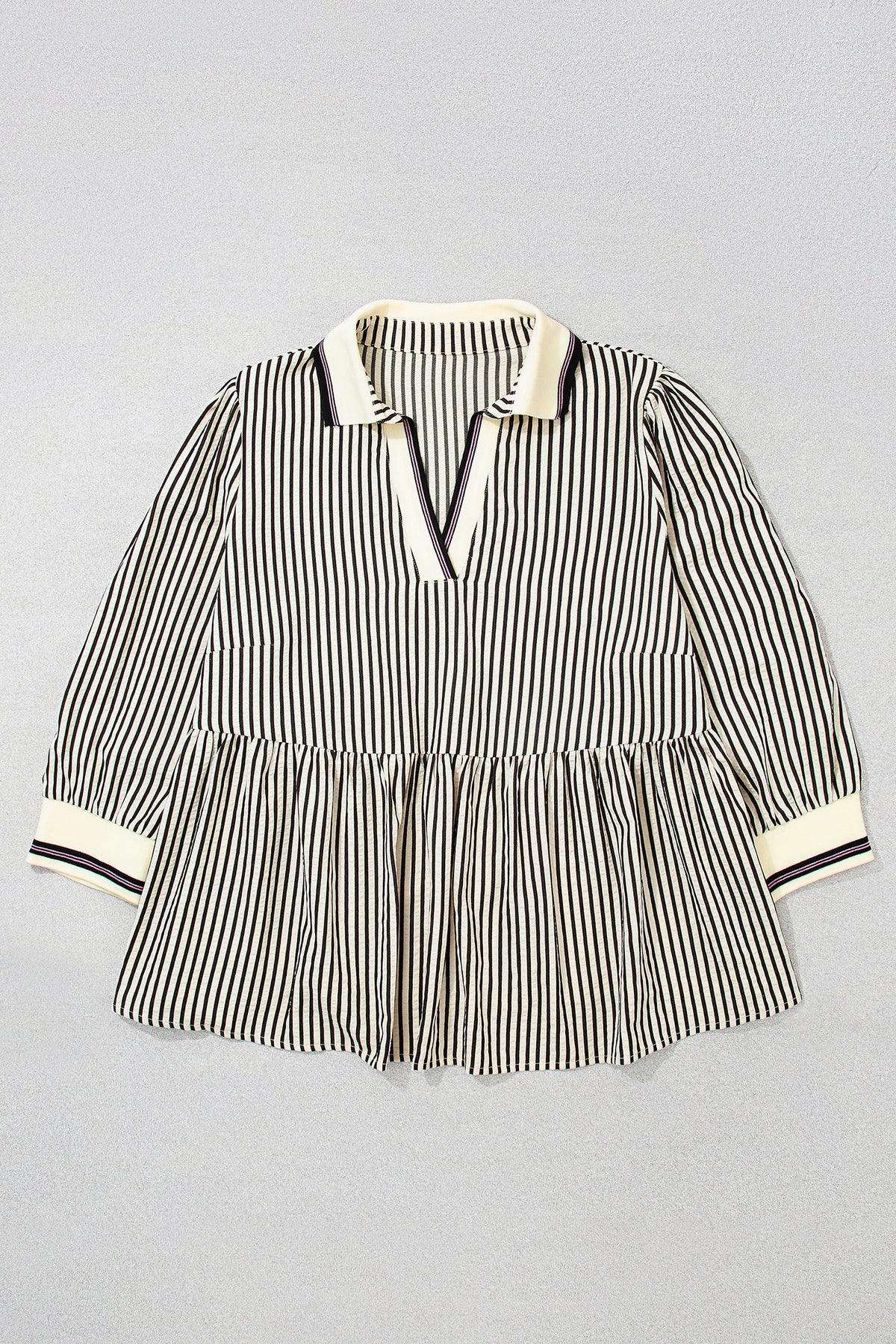 Black Stripe Patchwork Striped V-Neck Tunic Plus Size Blouse