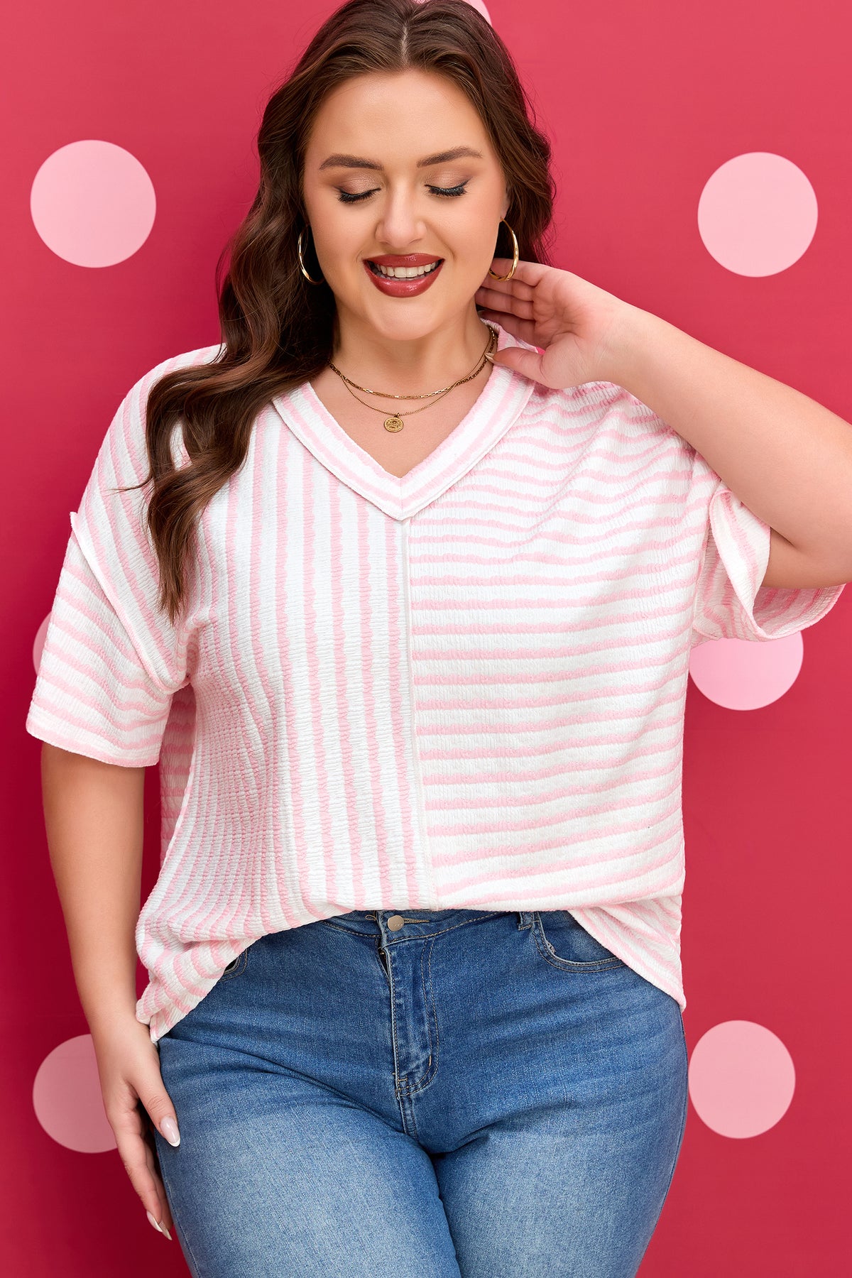 Pink Stripe Plus Size V-Neck Exposed Seam Patchwork T-Shirt