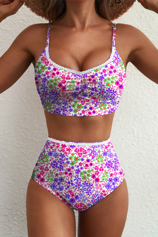 Purple Floral Lace-Trim High-Waist Bikini