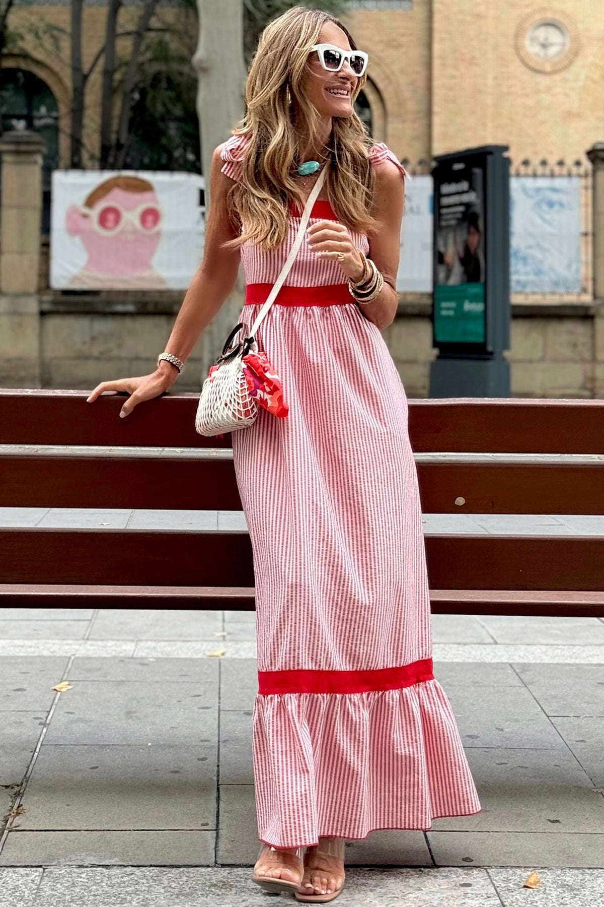 Red Stripe Bow Knot Straps High Waist Ruffle Hem Maxi Dress