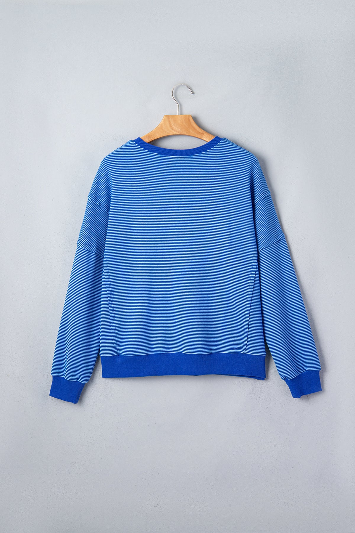 Blue Stripe Ribbed Cuffs Hem Pullover Top