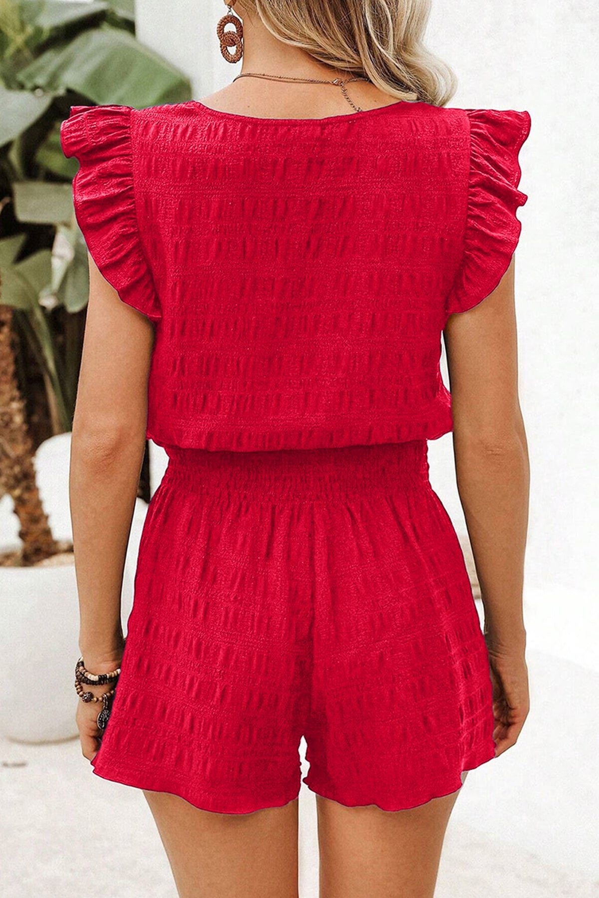 Women's Dark Green Textured Square Neck Top and Shirred High-Waist Shorts Set