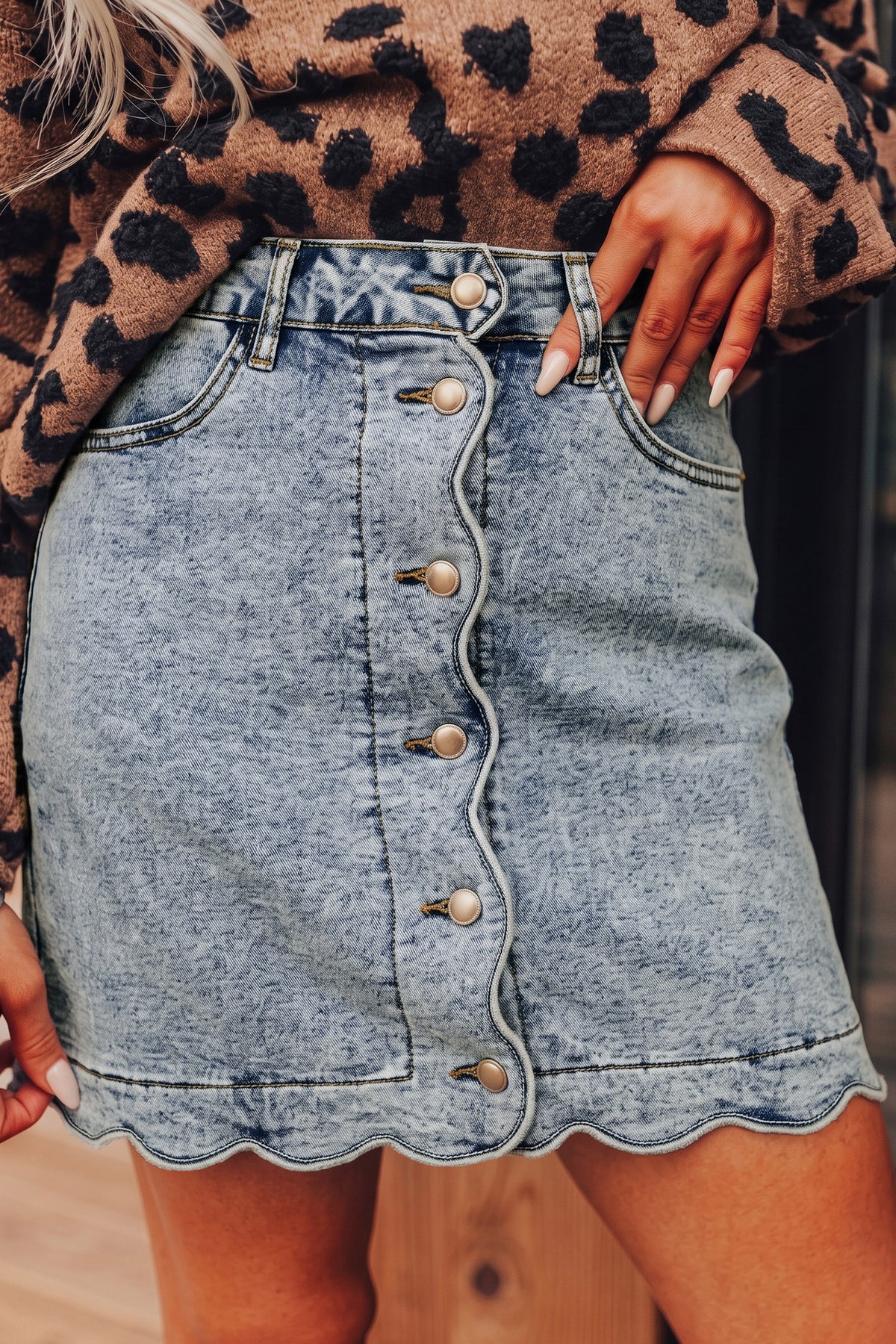 Myosotis Blue Scalloped Button Front Denim Skirt